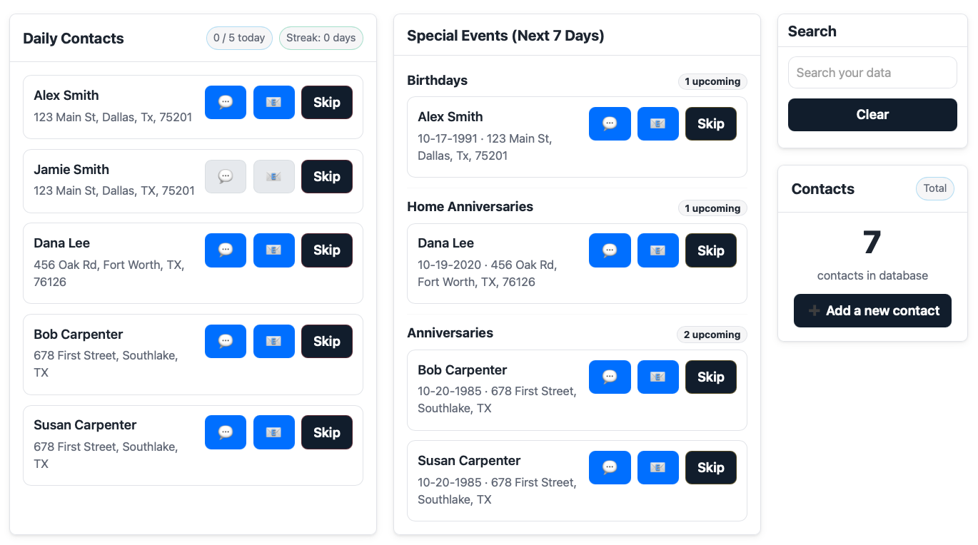 Closing Circle dashboard preview showing daily contacts, reminders, and import card